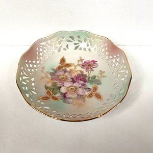 SCHUMANN Arzberg Germany Rosedale Reticulated Bowl Gold Rimmed 7.5" Vintage